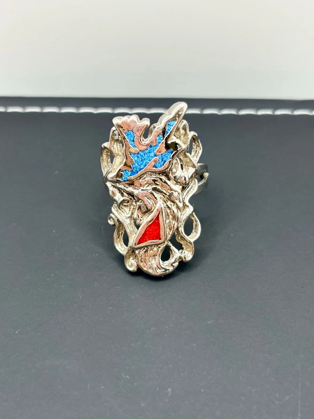 Tribal Silver Plated Statement Ring with Turquoise and Coral Accents